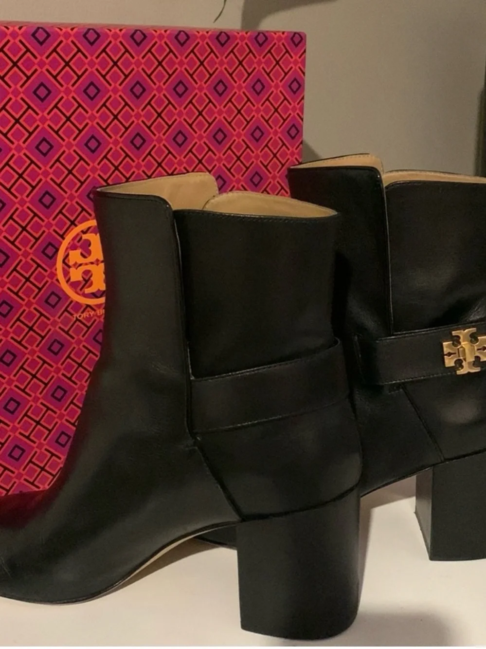 Tory Burch Black Leather Block Heel Ankle Booties with Gold Logo